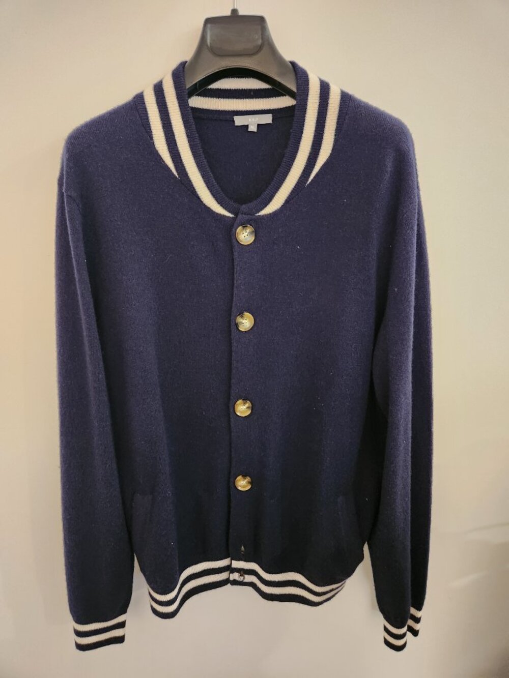 Kier + J (K+J²) Men's Varsity Stripe Button Front Cardigan Sweater Navy XL